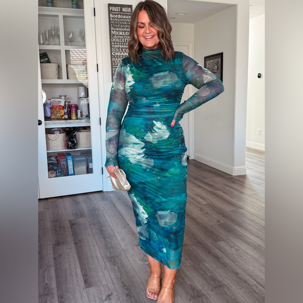 Mesh sleeve Teal Long Sleeve Dress